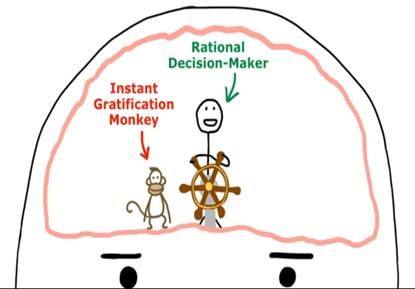 Instant Gratification Monkey Drawing of the rational decision maker and the instant gratification monkey by Tim Urban from Wait but Why, Uitstelgedrag